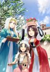  3girls :d aege-kai_wo_wataru_hana-tachi arms_up balancing balancing_on_head bangs bead_necklace beads black_hair blonde_hair blue_dress blue_eyes blue_sky breasts brown_hair coin_(ornament) cross day dress flower food green_eyes head_chain headdress highres hinoshita_akame holding holding_instrument instrument instrument_request jewelry juliet_sleeves leaning_forward long_hair long_sleeves looking_at_viewer multiple_girls music necklace object_on_head open_mouth outdoors pants plant planter potted_plant puffy_sleeves red_flower shirt short_hair sitting sky smile standing traditional_dress tray veil vest white_shirt 