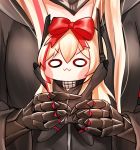  :3 armband arms_up black_jacket black_scarf black_skirt blonde_hair blush close-up closed_mouth commentary_request doll eyebrows_visible_through_hair gauntlets girls_frontline gloves hair_ribbon headgear holding holding_doll honyang jacket long_hair looking_at_viewer m4_sopmod_ii_(girls_frontline) m4_sopmod_ii_jr mechanical_arm multicolored_hair o_o red_armband red_ribbon redhead ribbon scarf sidelocks skirt streaked_hair white_background white_eyes 