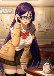  1girl alternate_costume bangs bespectacled black-framed_eyewear black_legwear black_skirt breasts classroom fate/grand_order fate_(series) glasses indoors kosumi large_breasts long_hair long_sleeves minamoto_no_raikou_(fate/grand_order) parted_bangs pleated_skirt purple_hair school_uniform shirt skirt solo_focus sweater thigh-highs very_long_hair violet_eyes white_shirt 