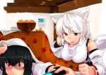  2girls absurdres animal_ear_fluff animal_ears black_hair bowl breasts calendar_(object) check_commentary clenched_hand commentary commentary_request controller detached_sleeves fang food fruit game_controller highres huge_filesize indoors inubashiri_momiji kotatsu leaf_print mandarin_orange maple_leaf_print multiple_girls orange_peel red_eyes ribbon-trimmed_sleeves ribbon_trim shameimaru_aya shirokaba114 short_sleeves table tail touhou under_kotatsu under_table white_hair wide-eyed wolf_ears wolf_tail 