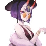  1girl absurdres bare_shoulders breasts collarbone commentary_request fate/grand_order fate_(series) hat highres horns korean_commentary looking_at_viewer oni_horns purple_hair round_eyewear short_hair shuten_douji_(fate/grand_order) simple_background small_breasts solo sookmo upper_body white_background 