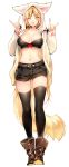  1girl :3 :d bangs belt black_bikini_top black_legwear black_shorts blonde_hair boots bow breasts brown_footwear fangs fox_hood fox_shadow_puppet fox_tail full_body genderswap genderswap_(mtf) hair_ribbon highres izumi_kouhei large_breasts long_hair long_sleeves looking_at_viewer low_twintails midriff navel one_eye_closed open_clothes open_mouth paw_print pepper_fever red_bow ribbon ribbon_trim shorts simple_background skindentation sleeves_past_wrists smile solo standing tail thigh-highs twintails very_long_hair white_background world_trigger yellow_eyes 