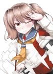  1girl alternate_costume blue_sailor_collar brown_eyes brown_hair kantai_collection kirigakure_(kirigakure_tantei_jimusho) looking_at_viewer magatama neckerchief one_eye_closed ryuujou_(kantai_collection) sailor_collar sailor_shirt salute shikigami shirt simple_background solo twintails white_background yellow_neckwear 