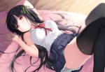  1girl arm_up bare_arms bare_shoulders black_hair black_legwear black_skirt blurry blurry_background blush bow bowtie breasts closed_mouth collared_shirt commentary_request depth_of_field green_ribbon hair_ribbon hand_up highres knees_up kurasawa_moko long_hair looking_at_viewer lying medium_breasts on_back one_side_up original pleated_skirt red_eyes red_neckwear ribbon shirt skirt sleeveless sleeveless_shirt solo sweat thigh-highs very_long_hair white_shirt wooden_floor 