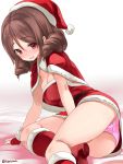  1girl alternate_costume blush boots breasts brown_hair christmas drill_hair eyebrows_visible_through_hair fur-trimmed_boots fur-trimmed_dress fur-trimmed_hat fur_trim harukaze_(kantai_collection) hat highres kantai_collection long_hair looking_at_viewer panties pantyshot pantyshot_(sitting) pink_panties red_eyes santa_boots santa_costume santa_dress santa_hat sitting solo takase_muu twin_drills underwear 