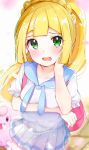  1girl absurdres backpack bag bangs blonde_hair blurry blush braid breast_hold breasts clefairy collarbone commentary_request cowboy_shot depth_of_field gen_1_pokemon green_eyes green_hair hand_on_own_cheek hand_up highres lillie_(pokemon) long_hair looking_at_viewer miniskirt multicolored_hair open_mouth petals pleated_skirt pokemon pokemon_(creature) pokemon_(game) pokemon_usum ponytail rouka_(akatyann) short_sleeves skirt small_breasts solo_focus streaked_hair very_long_hair white_skirt 