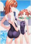  2girls :3 absurdres ass bangs bare_arms bare_shoulders black_swimsuit blue_sky blurry blurry_background blush bow breasts brown_hair closed_mouth clouds collarbone covered_navel day depth_of_field eyebrows_visible_through_hair hair_bow hand_up hands_on_hips highres misaka_mikoto multiple_girls one-piece_swimsuit outdoors parted_bangs raika9 red_eyes scan shirai_kuroko sky small_breasts swimsuit to_aru_kagaku_no_railgun to_aru_majutsu_no_index twintails water white_bow 