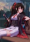  1girl belt bench black_gloves black_hair can city cityscape commentary_request corset detached_collar double-breasted evening fingerless_gloves girls_frontline gloves hair_ribbon highres holding holding_can jacket long_hair necktie open_clothes open_jacket open_mouth outdoors qbz-97_(girls_frontline) red_eyes red_neckwear red_ribbon ribbon roke_(taikodon) short_sleeves sitting smile soda_can solo thigh-highs twintails white_legwear wooden_bench 