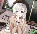  1girl artist_name bangs beige_sweater blue_eyes braid cafe chair chii_(nyaong9) chin_rest coffee commentary_request cup day dutch_angle grey_hair hand_to_own_mouth hisakawa_hayate idolmaster idolmaster_cinderella_girls lamppost latte_art long_sleeves looking_at_viewer mismatched_earrings outdoors pom_pom_earrings pov_across_table ribbed_sweater side_braid sitting solo stone_walkway sweater table teacup watch watch 