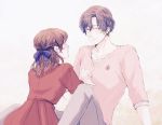  1boy 1girl bangs blue_bow blush bow brown_hair closed_eyes dress grey_pants hair_bow hetero holding_hands izumi_rei_(stand_my_heroes) knee_up looking_at_another medium_hair miyase_gou pants parted_bangs pink_shirt red_dress shirt short_sleeves simple_background sitting stand_my_heroes u-go2525 