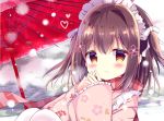  1girl azumi_kazuki bangs blurry blurry_background blush brown_eyes brown_hair closed_mouth clouds cloudy_sky commentary_request depth_of_field eyebrows_visible_through_hair floral_print frilled_sleeves frills hair_between_eyes hair_ornament hair_ribbon heart highres japanese_clothes kimono knees_up long_hair long_sleeves looking_at_viewer maid_headdress oriental_umbrella original pantyhose pink_kimono print_kimono red_umbrella ribbon scarf sitting sky sleeves_past_wrists smile solo steepled_fingers striped two_side_up umbrella vertical-striped_scarf vertical_stripes wa_maid white_legwear white_ribbon wide_sleeves 