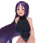  1girl absurdres alternate_costume bangs bare_arms bare_shoulders black_swimsuit blush breasts covered_navel cowboy_shot english_commentary eyelashes fate/grand_order fate_(series) hair_over_eyes highleg highleg_swimsuit highres hood_(james_x) large_breasts long_hair looking_at_viewer minamoto_no_raikou_(fate/grand_order) navel one-piece_swimsuit open_mouth parted_bangs purple_hair shiny shiny_clothes short_eyebrows simple_background skin_tight solo swimsuit very_long_hair violet_eyes white_background 