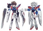  1boy black_gloves brown_hair character_request closed_mouth dot_nose fishissnack floating floating_weapon gloves grey_eyes gun gundam hair_between_eyes headgear pauldrons salute shield simple_background sketch solo weapon white_background 