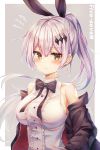  1girl bare_shoulders black_jacket black_neckwear bow bowtie breasts buttons character_name closed_mouth dress_shirt earrings five-seven_(girls_frontline) floating_hair frown girls_frontline hair_ornament hair_ribbon highres jacket jewelry large_breasts lkeris long_hair long_sleeves looking_at_viewer off_shoulder open_clothes open_jacket orange_eyes ribbon shirt sidelocks silver_hair sleeveless sleeveless_shirt solo upper_body white_shirt 