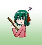  1girl ? animal_ears broom commentary_request eyebrows_visible_through_hair gradient gradient_background green_background green_hair hair_between_eyes holding holding_broom kasodani_kyouko long_sleeves looking_at_viewer looking_back partial_commentary pink_shirt rakugaki-biyori shiny shiny_hair shirt short_hair simple_background smile solo touhou upper_body 