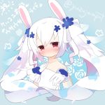  animal_ears azur_lane bare_shoulders blush dress flat_chest floral_background floral_print flower gloves highres laffey_(azur_lane) long_hair rabbit_ears red_eyes rose_print simple_background strapless strapless_dress twintails white_dress white_gloves white_hair yuzujampot 