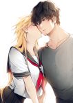  1boy 1girl bangs bare_arms black_eyes black_hair black_skirt blonde_hair breast_press breasts cheek_kiss couple facial_hair genderswap genderswap_(mtf) hand_on_another&#039;s_shoulder hetero izumi_kouhei kiss leaning_forward leaning_on_person long_hair looking_at_another neckerchief pepper_fever pleated_skirt red_neckwear school_uniform serafuku shirt short_sleeves sideways_glance simple_background skirt solo stubble t-shirt tachikawa_kei upper_body very_long_hair white_background world_trigger 