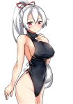  1girl absurdres bangs bare_arms bare_shoulders black_leotard blush breasts closed_mouth commentary_request covered_collarbone covered_navel eyebrows_visible_through_hair fate/grand_order fate_(series) groin hair_between_eyes hand_on_own_chest hand_up high_ponytail highleg highleg_leotard highres large_breasts leotard long_hair moyoron ponytail red_eyes silver_hair simple_background smile solo tomoe_gozen_(fate/grand_order) very_long_hair white_background 