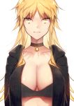  1girl :3 arms_at_sides bangs bell bell_choker black_bra blonde_hair bra breasts choker closed_mouth flipped_hair genderswap genderswap_(mtf) izumi_kouhei jingle_bell large_breasts long_hair looking_at_viewer open_clothes pepper_fever simple_background slit_pupils smile solo underwear up white_background world_trigger yellow_eyes 