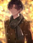  1boy bangs black_scarf blue_eyes blurry blurry_background brown_coat brown_hair coat dated hair_over_one_eye highres light_smile looking_at_viewer miyase_gou night outdoors scarf solo stand_my_heroes unhtt0 upper_body 