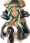  1girl absurdres closed_mouth crown fire_emblem fire_emblem:_three_houses flower green_eyes green_hair hair_flower hair_ornament highres long_hair rhea_(fire_emblem) simple_background solo tea_texiamato tiara upper_body white_background 