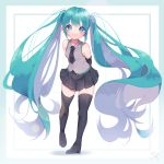  1girl absurdly_long_hair aqua_hair arms_behind_back bangs black_legwear black_neckwear black_skirt blue_eyes blush boots breasts closed_mouth detached_sleeves full_body grey_shirt hatsune_miku highres koyubita long_hair looking_at_viewer miniskirt necktie outside_border pleated_skirt shirt sidelocks signature skirt small_breasts smile solo standing standing_on_one_leg thigh-highs thigh_boots twintails very_long_hair vocaloid white_background 