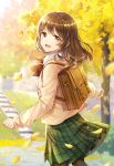  1girl :d backpack bag black_legwear blazer blurry blurry_background blush bow brown_bow brown_eyes brown_hair brown_jacket collared_shirt commentary_request day depth_of_field green_skirt highres jacket leaf leaves_in_wind long_hair long_sleeves looking_at_viewer looking_to_the_side mono_lith open_blazer open_clothes open_jacket open_mouth original outdoors pantyhose plaid plaid_skirt pleated_skirt school_uniform shirt skirt smile solo tree white_shirt 