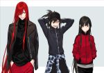  1boy 2girls arms_behind_head black_hair clothes_around_waist contemporary dual_persona fate/grand_order fate_(series) grey_background hair_over_one_eye hands_in_pockets hat jacket long_hair multiple_girls nakuta oda_kippoushi_(fate) oda_nobunaga_(fate) oda_nobunaga_(fate)_(all) oda_nobunaga_(maou_avenger)_(fate) ponytail red_eyes redhead track_jacket two-tone_background 