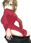  1girl absurdres apple_(ygbhjdbiulsg) ass black_pants blue_eyes blush brown_hair closed_mouth commentary frown highres idolmaster idolmaster_cinderella_girls leotard long_sleeves looking_at_viewer looking_back pants pants_pull red_leotard ribbed_sweater short_hair simple_background solo standing sweater tada_riina turtleneck_leotard white_background 