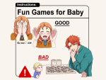  1girl 2boys annette_fantine_dominic baby blonde_hair blue_shirt blush board_game chess chess_piece chessboard chin_rest collared_shirt commentary covering_face dated english_commentary english_text fire_emblem fire_emblem:_three_houses grey_background long_sleeves looking_at_viewer multiple_boys multiple_views open_mouth orange_hair palms peekaboo redhead shirt short_hair sign simple_background smile sylvain_jose_gautier twitter_username warning_sign z_hard 