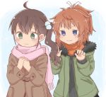  2girls bangs black_sweater blush brown_coat brown_hair closed_mouth coat commentary_request eyebrows_visible_through_hair fringe_trim fur-trimmed_jacket fur_trim green_eyes green_jacket hair_between_eyes hair_ornament hair_ribbon hands_together hands_up jacket koshigaya_natsumi long_hair long_sleeves media_factory multiple_girls niizato_aoi non_non_biyori open_clothes open_jacket orange_scarf own_hands_together pink_scarf ponytail ribbon scarf shika_(s1ka) side_ponytail silver_link sleeves_past_wrists smile sweater upper_body v-shaped_eyebrows white_ribbon you_gonna_get_raped 