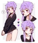  ! 1girl :o ai_kusunoki bangs black_sweater clothes_pull cropped_torso grey_background hair_tubes heart long_sleeves looking_at_viewer multiple_views no_pants own_hands_together panties purple_hair short_hair_with_long_locks sidelocks smile spoken_exclamation_mark sweater sweater_pull underwear v_arms violet_eyes vocaloid voiceroid white_panties yuzuki_yukari 