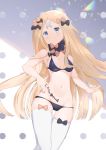  1girl abigail_williams_(fate/grand_order) absurdres bandaid_on_forehead bangs bare_shoulders bikini black_bikini black_bow blonde_hair blue_eyes blush bow breasts crossed_bandaids fate_(series) forehead gappt highres key long_hair looking_at_viewer multiple_bows navel orange_bow parted_bangs polka_dot polka_dot_bow small_breasts smile solo swimsuit thigh-highs thighs 