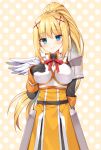  1girl armor armored_dress bangs black_gloves blonde_hair blue_eyes blush braid breastplate breasts brown_background closed_mouth darkness_(konosuba) dress eyebrows_visible_through_hair feathered_wings gloves hair_between_eyes hair_ornament hand_on_own_chest hand_up high_ponytail kono_subarashii_sekai_ni_shukufuku_wo! long_hair long_sleeves looking_at_viewer mauve medium_breasts mini_wings pauldrons polka_dot polka_dot_background ponytail sidelocks single_pauldron single_wing smile solo very_long_hair white_wings wings x_hair_ornament yellow_dress 