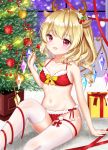  1girl absurdres alternate_costume animal_ears antlers arm_up blonde_hair blurry box bra breasts carpet christmas_tree collarbone commentary_request crystal depth_of_field fang flandre_scarlet food fork fruit fur-trimmed_bra fur-trimmed_panties gift gift_box head_tilt highres holding holding_fork indoors knee_up looking_at_viewer night nyanyanoruru on_floor open_mouth panties red_bra red_eyes red_panties reindeer_antlers reindeer_ears ribbon shiny shiny_hair short_hair side-tie_panties side_ponytail sitting small_breasts solo strawberry thigh-highs thigh_ribbon touhou underwear underwear_only whipped_cream white_legwear window wings 