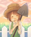  1girl =_= apron bangs brown_hair brown_headwear closed_eyes clouds cloudy_sky collared_shirt commentary emma_woods eyebrows_visible_through_hair facing_viewer fence green_apron hat holding identity_v outdoors sakurato_ototo_shizuku shirt shovel sky solo sunset upper_body white_shirt 