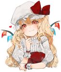  1girl :t alternate_hair_length alternate_hairstyle bangs blonde_hair blush bow commentary_request crystal eyebrows_visible_through_hair face flandre_scarlet gotoh510 hand_up hands hat hat_bow heart index_finger_raised long_hair looking_at_viewer mob_cap open_mouth puffy_short_sleeves puffy_sleeves red_bow red_eyes shirt short_sleeves simple_background smile solo touhou upper_body white_background white_headwear white_shirt wings wrist_cuffs 