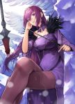  1girl 55level absurdres commentary_request crossed_legs dress fate/grand_order fate_(series) feather_trim fur-trimmed_dress fur_trim hair_between_eyes headpiece highres holding holding_wand pantyhose purple_dress purple_hair red_eyes scathach_(fate)_(all) scathach_skadi_(fate/grand_order) sitting smile solo throne tiara wand wings 