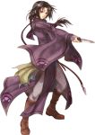  1boy black_hair boots brown_footwear capelet facial_mark fire_emblem fire_emblem:_path_of_radiance forehead_mark full_body head_tilt holding holding_knife holding_weapon knife long_hair long_sleeves looking_at_viewer low_ponytail male_focus nemupon_(goodlucky) open_mouth pants purple_capelet purple_robe red_eyes robe sidelocks simple_background soren_(fire_emblem) standing weapon white_background white_pants wide_sleeves 
