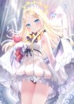  1girl abigail_williams_(fate/grand_order) adapted_costume bangs bare_shoulders black_bow black_panties blonde_hair blue_eyes blurry blurry_background blush bow breasts bug butterfly church_interior commentary_request depth_of_field detached_sleeves dress fate/grand_order fate_(series) feathered_wings forehead halo highres indoors insect kachayori long_hair long_sleeves looking_at_viewer object_hug orange_bow panties parted_bangs polka_dot polka_dot_bow sleeveless sleeveless_dress sleeves_past_fingers sleeves_past_wrists small_breasts solo stuffed_animal stuffed_toy teddy_bear underwear very_long_hair white_dress white_sleeves white_wings wings 