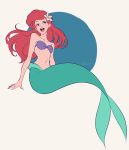  1girl ariel_(disney) arm_support arms_at_sides bikini bikini_top blue_background blue_eyes breasts circle collarbone disney eyelashes floating_hair flower full_body grey_background hair_flower hair_ornament highres light_smile long_hair looking_up medium_breasts mermaid midriff monster_girl navel open_mouth purple_bikini red_lips redhead shell shell_bikini signature simple_background solo swimsuit teeth the_little_mermaid tongue two-tone_background u-min white_flower 