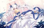  1girl animal_ears azur_lane bangs bare_shoulders blue_bow blue_flower blush bouquet bow brown_flower commentary covered_mouth dress dutch_angle english_commentary eyebrows_visible_through_hair flower gloves hair_between_eyes hair_flower hair_ornament holding holding_bouquet laffey_(azur_lane) laffey_(white_rabbit&#039;s_oath)_(azur_lane) long_hair looking_at_viewer petals rabbit_ears red_eyes shinopoko sleeveless sleeveless_dress solo twintails very_long_hair white_dress white_gloves white_hair window 
