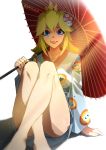  1girl adult arm_support bangs bare_legs barefoot blonde_hair blue_eyes breasts crossed_legs crown english_commentary feet_out_of_frame floral_print highres holding holding_umbrella japanese_clothes kimono kuno_(runkunochan) leaning_back legs lipstick long_sleeves looking_at_viewer makeup super_mario_bros. medium_breasts medium_hair nintendo nintendo_ead oriental_umbrella panties pantyshot parted_lips princess princess_peach print_kimono red_lips red_umbrella shadow sidelocks simple_background sitting solo striped striped_panties super_mario_bros. umbrella underwear yukata 