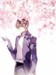  1boy bangs brown_hair buttons cherry_blossoms closed_mouth coat collar collared_shirt flower gloves heshikiri_hasebe kuroemon long_sleeves looking_at_viewer male_focus open_clothes pants parted_bangs petals pink_flower purple_coat purple_pants shirt short_hair simple_background solo standing touken_ranbu violet_eyes white_background white_gloves white_shirt 