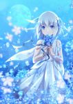  1girl blue_background blue_eyes blue_flower blue_sky bouquet bracelet dress flower full_moon holding holding_bouquet jewelry looking_at_viewer medium_hair moon night night_sky silver_hair sky sleeveless snowdreams_-lost_in_winter- solo standing white_dress xiao_yung_lin 