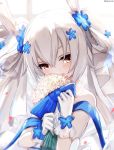  1girl animal_ears azur_lane bangs bare_shoulders blue_flower blurry blurry_background blush bouquet commentary_request depth_of_field dyolf eyebrows_behind_hair flower gloves grey_hair hair_between_eyes hair_flower hair_ornament head_tilt highres holding holding_bouquet laffey_(azur_lane) laffey_(white_rabbit&#039;s_oath)_(azur_lane) long_hair looking_at_viewer rabbit_ears red_eyes revision signature solo twintails upper_body white_flower white_gloves 