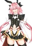  1boy :d animal_ears astolfo_(fate) bangs black_bow black_gloves black_hairband black_jacket black_legwear black_neckwear black_skirt blazer blush bow bowtie commentary_request cowboy_shot eyebrows_visible_through_hair fake_animal_ears fang fate/grand_order fate_(series) gloves hair_between_eyes hair_bow hair_intakes hairband highres jacket long_hair long_sleeves looking_at_viewer low_twintails male_focus midriff miniskirt navel open_mouth otoko_no_ko pink_hair piro_(iiiiiiiiii) pleated_skirt rabbit_ears simple_background skirt skirt_hold smile solo standing thigh-highs thighs twintails very_long_hair violet_eyes white_background white_hair wide_sleeves zettai_ryouiki 