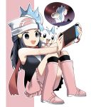  1girl :d animal beanie blue_hair boots creatures_(company) dynamax game_console game_freak gen_4_pokemon hair_ornament handheld_game_console hat hikari_(pokemon) holding human mammal moe nintendo nintendo_switch olm_digital open_mouth pachirisu pink_footwear pokemon pokemon_(anime) pokemon_(creature) pokemon_(game) pokemon_dppt scarf sitting skirt smile squirrel thought_bubble winter_clothes wm_(chawoo1357) 