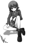  1girl ankle_boots artist_name bangs boots closed_mouth commentary dated dress_shirt full_body girls_und_panzer gofu greyscale insignia jacket kuromorimine_military_uniform long_sleeves looking_at_viewer military military_uniform miniskirt monochrome nishizumi_maho pleated_skirt shadow shirt short_hair signature sitting skirt smile socks solo uniform wing_collar 