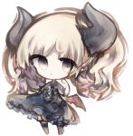  1girl bangs black_bow black_dress black_legwear blonde_hair bow brown_eyes brown_footwear chibi collared_shirt commentary_request cottontailtokki curled_horns demon_horns dress full_body gremory_(shadowverse) hand_up horns long_hair shadowverse shirt short_sleeves simple_background solo standing strapless strapless_dress thigh-highs white_background white_shirt 